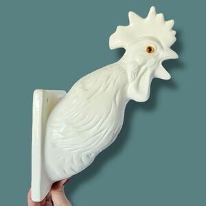 Vintage XL White Ceramic Rooster Wall Hook Farmhouse Kitchen Towel/ Apron Holder